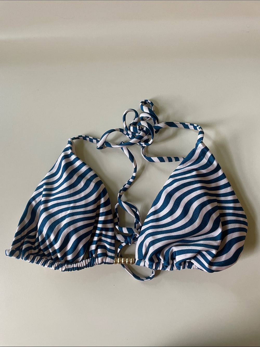 Shade and Shore Teal and White Stripe Triangle Bikini Swim Top, size 12-14